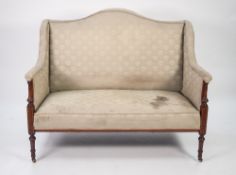 EDWARDIAN LINE INLAID MAHOGANY DRAWING ROOM TWO SEATER SETTEE, the arched top rail above downswept