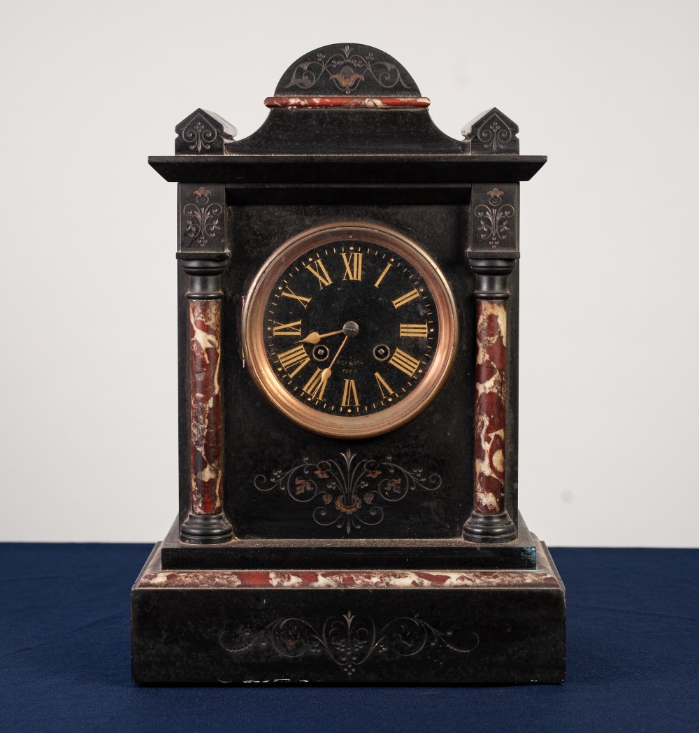 LATE 19th CENTURY BLACK SLATE AND VEINED MARBLE MANTEL CLOCK, the French movement striking on coiled - Image 3 of 3