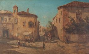 ARTHUR TREVOR HADDON R.B.A. (1864 - 1941) OIL PAINTING ON CANVAS Italian townscape with figures