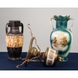 ITALIAN OIL PATTERN BRASS MOUNTED POTTERY ELECTRIC CEILING LIGHT, with figural 'reservoir',