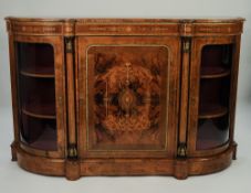 MID VICTORIAN INLAID FIGURED WALNUT AND ORMOLU MOUNTED CREDENZA, the moulded burr cut top above a