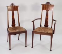 EARLY TWENTIETH CENTURY ART NOUVEAU INLAID MAHOGANY DRAWING ROOM ELBOW CHAIR AND MATCHING SINGLE