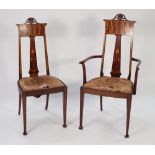 EARLY TWENTIETH CENTURY ART NOUVEAU INLAID MAHOGANY DRAWING ROOM ELBOW CHAIR AND MATCHING SINGLE