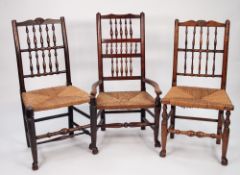 MATCHED SET OF THREE NINETEENTH CENTURY ELM AND FRUITWOOD SPINDLE BACKED SINGLE DINING CHAIRS,
