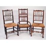 MATCHED SET OF THREE NINETEENTH CENTURY ELM AND FRUITWOOD SPINDLE BACKED SINGLE DINING CHAIRS,