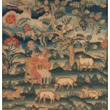 EARLY 17th CENTURY EMBROIDERED CANVAS IN WORSTED DYED TO SHADES OF BLUE, GREEN, RED, BROWN/BEIGE AND