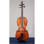 VIOLIN WITH 13 3/4" ONE-PART BACK, well carved lion's head scroll, bears printed label 'Michael