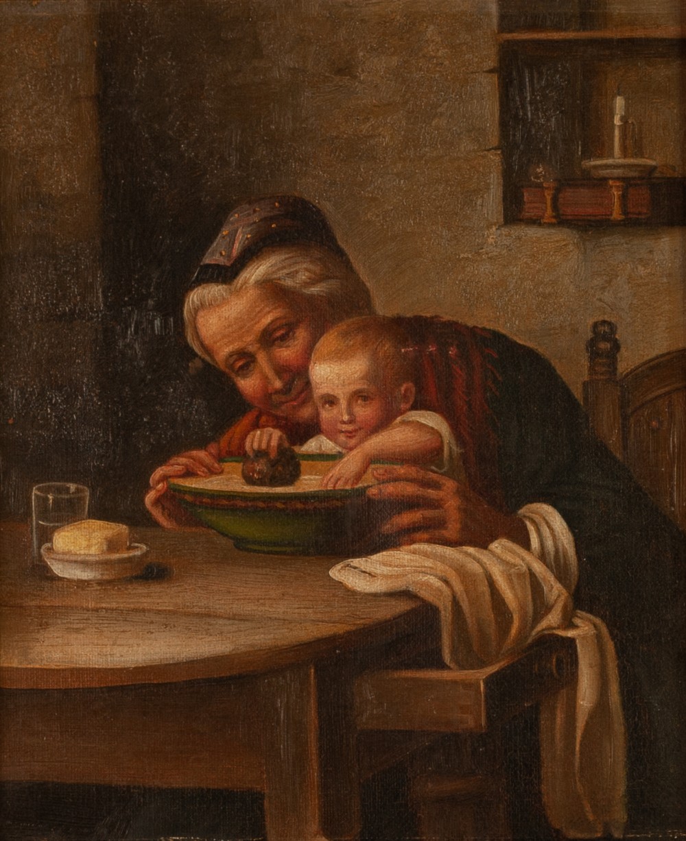 CONTINENTAL SCHOOL (19th CENTURY) OIL PAINTING ON CANVAS A grandmother and child at a table in an