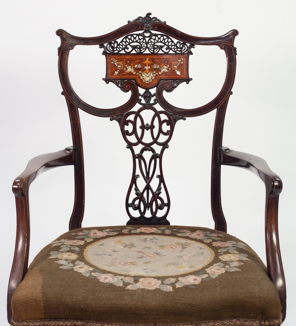 EDWARDIAN INLAID AND CARVED MAHOGANY DRAWING ROOM OPEN ARMCHAIR, the scrollwork back with pierced - Image 2 of 2