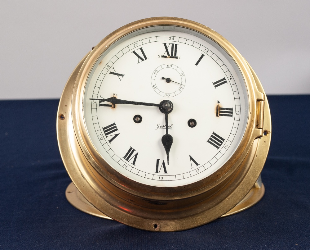 'SESTREL' ENGLISH MADE MARINE ANEROID BAROMETER, in brass circular mural case, 8" diameter and - Image 2 of 2