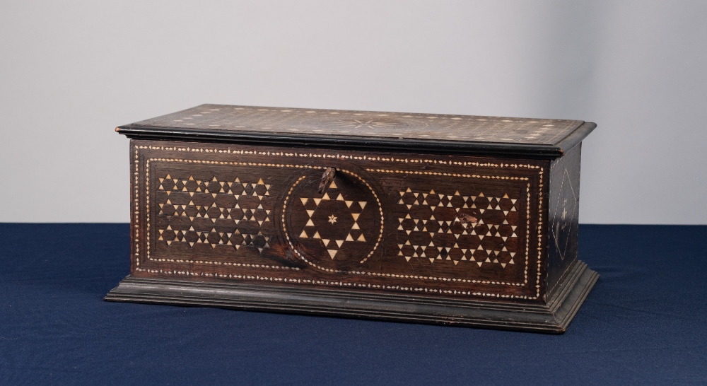 EARLY TWENTIETH CENTURY MIDDLE EASTERN BONE AND MOTHER OF PEARL INLAID LARGE BOX, of typical form,