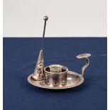 NINETEENTH CENTURY WHITE METAL CIRCULAR CHAMBER CANDLESTICK, with straight gadroon border, free