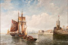 CHARLES JOHN DE LACY (c.1856-1936) OIL PAINTING ON LINED CANVAS A view of Portsmouth Harbour with