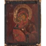 18th/19th CENTURY RUSSIAN, GREEK ORTHODOX ICON IN TEMPERA ON THICK PANEL, depicting the Virgin and