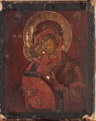18th/19th CENTURY RUSSIAN, GREEK ORTHODOX ICON IN TEMPERA ON THICK PANEL, depicting the Virgin and