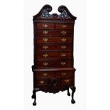 GEORGIAN STYLE CHEST ON STAND, PIERCED AND SHAPED PEDIMENT OVER TWO SHORT AND FIVE LONG DRAWERS WITH