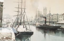 P.J. ASHMORE (Modern) WATERCOLOUR Old Bristol City Docks, Signed lower right, titled on mount an d