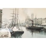 P.J. ASHMORE (Modern) WATERCOLOUR Old Bristol City Docks, Signed lower right, titled on mount an d