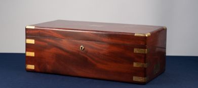 VICTORIAN BRASS BOUND MAHOGANY LARGE PORTABLE WRITING SLOPE, of typical form with pin locked side