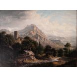 RATCLIFFE FLETCHER (19th CENTURY) OIL PAINTING ON CANVAS An alpine landscape with figures in the