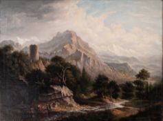 RATCLIFFE FLETCHER (19th CENTURY) OIL PAINTING ON CANVAS An alpine landscape with figures in the