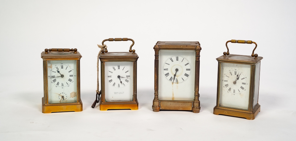 FOUR EARLY 1900's BRASS CASED CARRIAGE CLOCKS, one striking on a bell, one with missing carrying