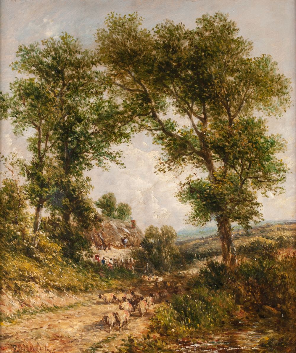 BRITISH SCHOOL (19th CENTURY) OIL PAINTING ON CANVAS Landscape with sheep Indistinctly signed and