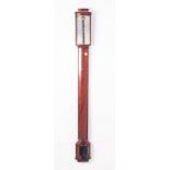 ROSELLI, LONDON, MAHOGANY AND EBONISED BOW FRONTED STICK BAROMETER, the twin silvered scale with