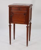 EARLY TWENTIETH CENTURY FRENCH CARVED OAK AND MARBLE BEDSIDE TABLE, the moulded oblong top with grey