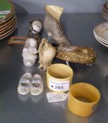 THREE EARLY 1900's GERMAN SHOE FORM POSY HOLDERS AND SUNDRY OTHER ITEMS