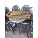 METAL PAINTED GARDEN TABLE, AND FOUR MATCHING SINGLE GARDEN CHAIRS (5)