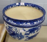 A LARGE ROYAL DOULTON JARDINIERE DECORATED WITH MYTHICAL DRAGONS IN BLUE AND WHITE