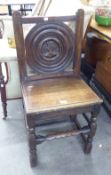 A COMPOSITE ANTIQUE OAK SINGLE CHAIR, THE BACK WITH A CIRCULAR PANEL CARVED WITH KINGS HEAD, PANEL