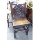 A COMPOSITE ANTIQUE OAK SINGLE CHAIR, THE BACK WITH A CIRCULAR PANEL CARVED WITH KINGS HEAD, PANEL