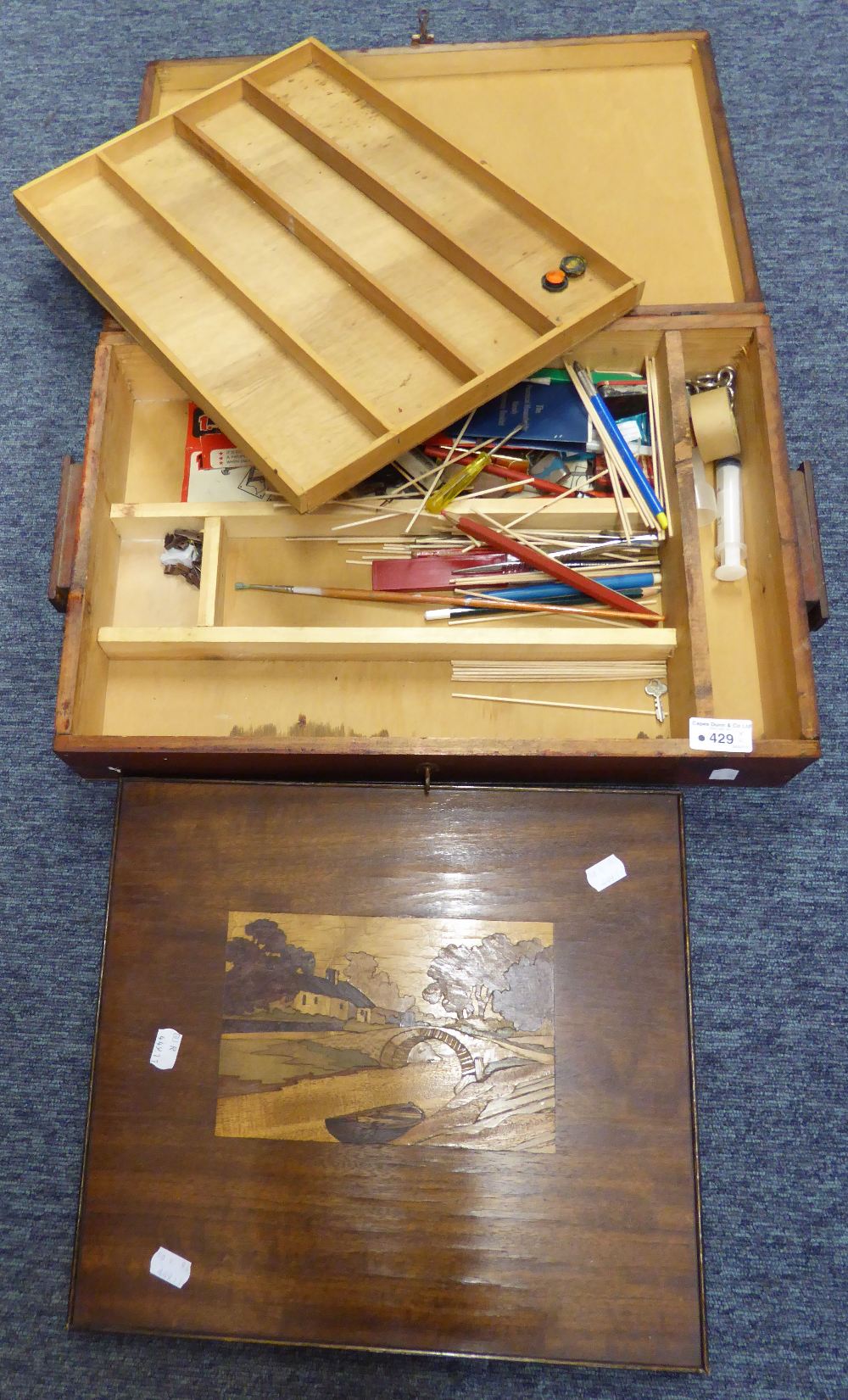 WOOLWORK PICTURE OF THE RIVER LERRYN AND A WOODWORK BOX