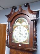 NINETEENTH CENTURY FIGURED MAHOGANY LONGCASE CLOCK WITH ROLLING MOON PHASE, the 14" painted dial