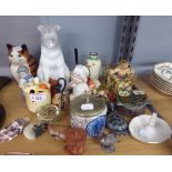 VICTORIAN TINTED BISQUE SEATED BABY, A CHINA BOY AND DOG AND SUNDRY ORNAMENTS VARIOUS