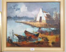 UNATTRIBUTED (TWENTIETH CENTURY CONTINENTAL SCHOOL) OIL PAINTING ON CANVAS River bank scene with