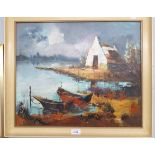 UNATTRIBUTED (TWENTIETH CENTURY CONTINENTAL SCHOOL) OIL PAINTING ON CANVAS River bank scene with