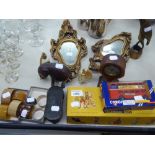 A PAIR OF OPERA GLASSES IN ORIGINAL CASE, PELHAM PUPPET, TWO SMALL WALL MIRRORS, NAPKIN RINGS, AND