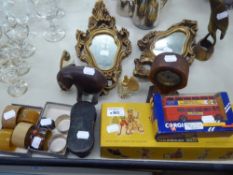 A PAIR OF OPERA GLASSES IN ORIGINAL CASE, PELHAM PUPPET, TWO SMALL WALL MIRRORS, NAPKIN RINGS, AND