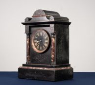 LATE 19th CENTURY BLACK SLATE AND VEINED MARBLE MANTEL CLOCK, the French movement striking on coiled