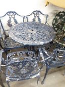METAL PAINTED GARDEN TABLE, AND FOUR GARDEN ARMCHAIRS (5)