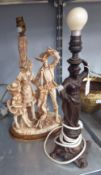 AN IVORINE FIGURAL GROUP TABLE LAMP AND A MODERN BRONZED METAL FIGURAL TABLE LAMP