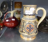 A GERMAN EMBOSSED POTTERY FLAGON/JUG, TWO GERMAN POTTERY 1960's JUG/VASES AND ANOTHER (4)