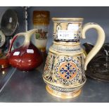 A GERMAN EMBOSSED POTTERY FLAGON/JUG, TWO GERMAN POTTERY 1960's JUG/VASES AND ANOTHER (4)