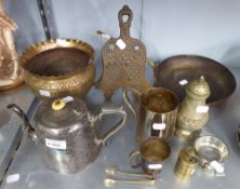 AN EASTERN EMBOSSED BRASS JARDINIERE, BRASS PEPPER MILL, CAST IRON CLIP ON TRIVET ETC....