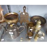 AN EASTERN EMBOSSED BRASS JARDINIERE, BRASS PEPPER MILL, CAST IRON CLIP ON TRIVET ETC....