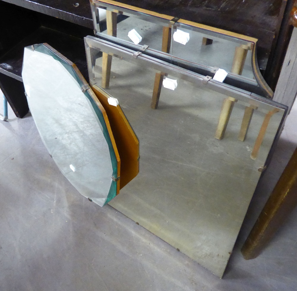 A CIRCUALR FRAMELESS WALL MIRROR WITH FANCY BEVELLED EDGE AND TWO OTHER FRAMELESS WALL MIRRORS (3)