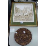 A MARCUS REPLICAS MOLDED WALL HANGING BY D.H. MORTON AND A CARVED WOODEN CIRCULAR WALL PLAQUE (2)